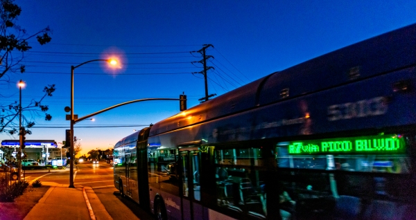 twilight as the blue bus arrives in Santa Monica